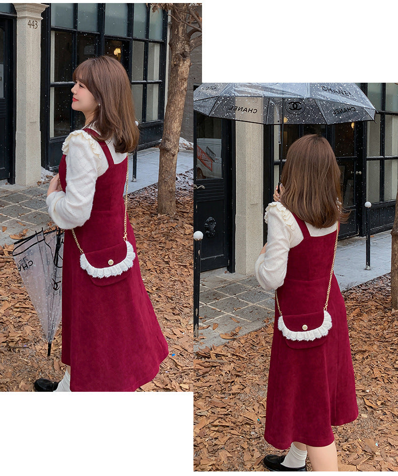 大きいサイズ レディース コーデュロイのレトロワンピース+フリルパフスリーブブラウス LL 3L 4L 5L