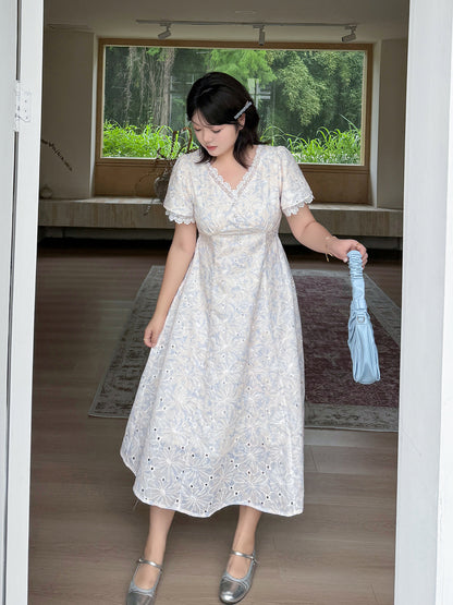 大きいサイズ レディース フラワーレース刺繍Vネックワンピース LL 3L 4L 5L
