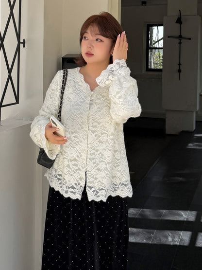 大きいサイズ レディース Vネックフリル刺繍レースエレガントブラウス LL 3L 4L 5L