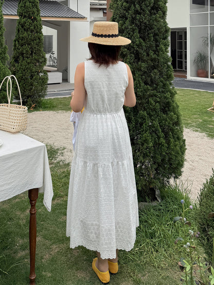 大きいサイズ レディース ホワイトノースリーブレースティアードワンピース LL 3L 4L 5L