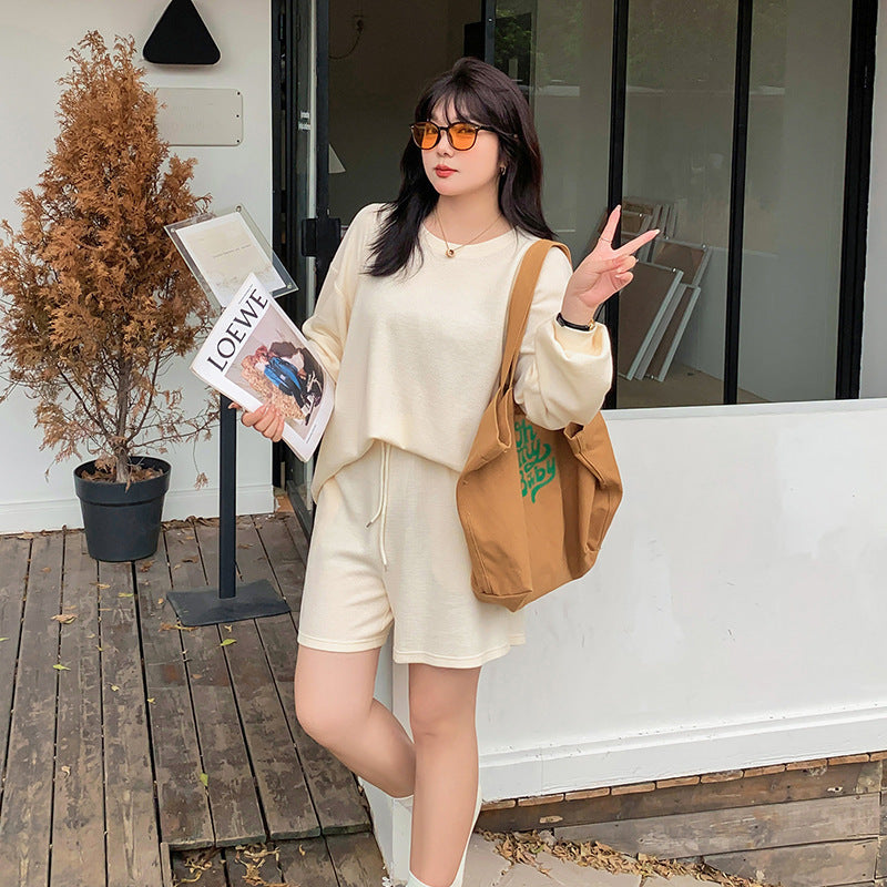 大きいサイズ レディース ゆるカジのスウェットトップス+ハーフパンツセット LL 3L 4L 5L