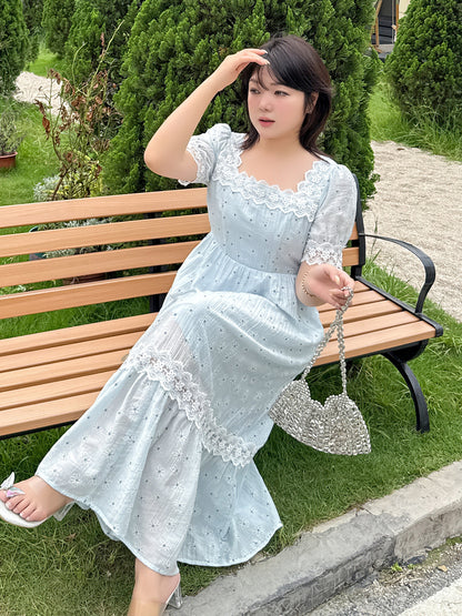 大きいサイズ レディース スクエアネックフラワーレースロングワンピース LL 3L 4L 5L