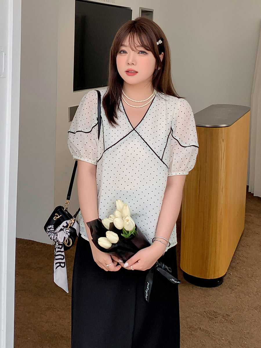 大きいサイズ レディース フレンチVネック水玉模様シースルートップス LL 3L 4L 5L