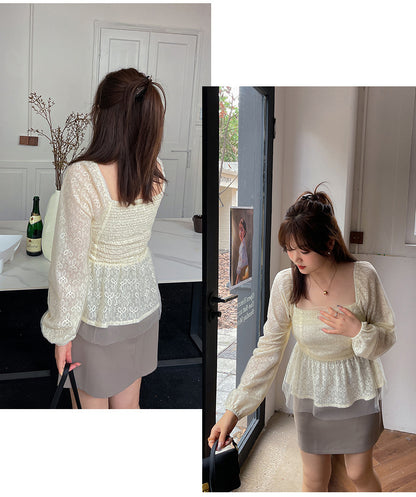 大きいサイズ レディース スクエアネックのペプラムレースブラウス LL 3L 4L 5L