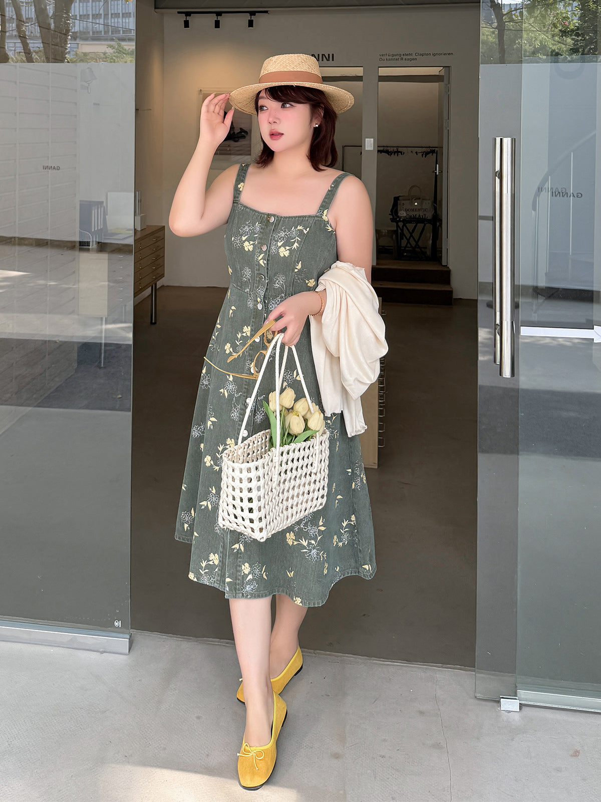 大きいサイズ レディース レトロ花柄デニムキャミソールワンピース LL 3L 4L 5L