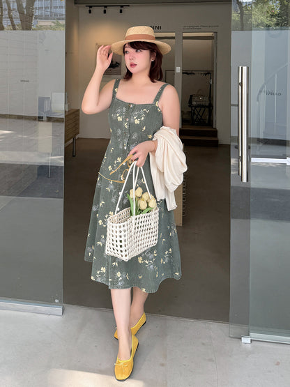 大きいサイズ レディース レトロ花柄デニムキャミソールワンピース LL 3L 4L 5L