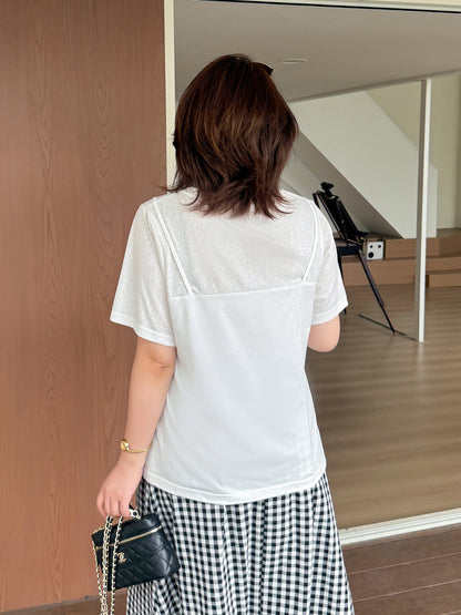 大きいサイズ レディース フェイクレイヤードレースリボンTシャツ LL 3L 4L 5L
