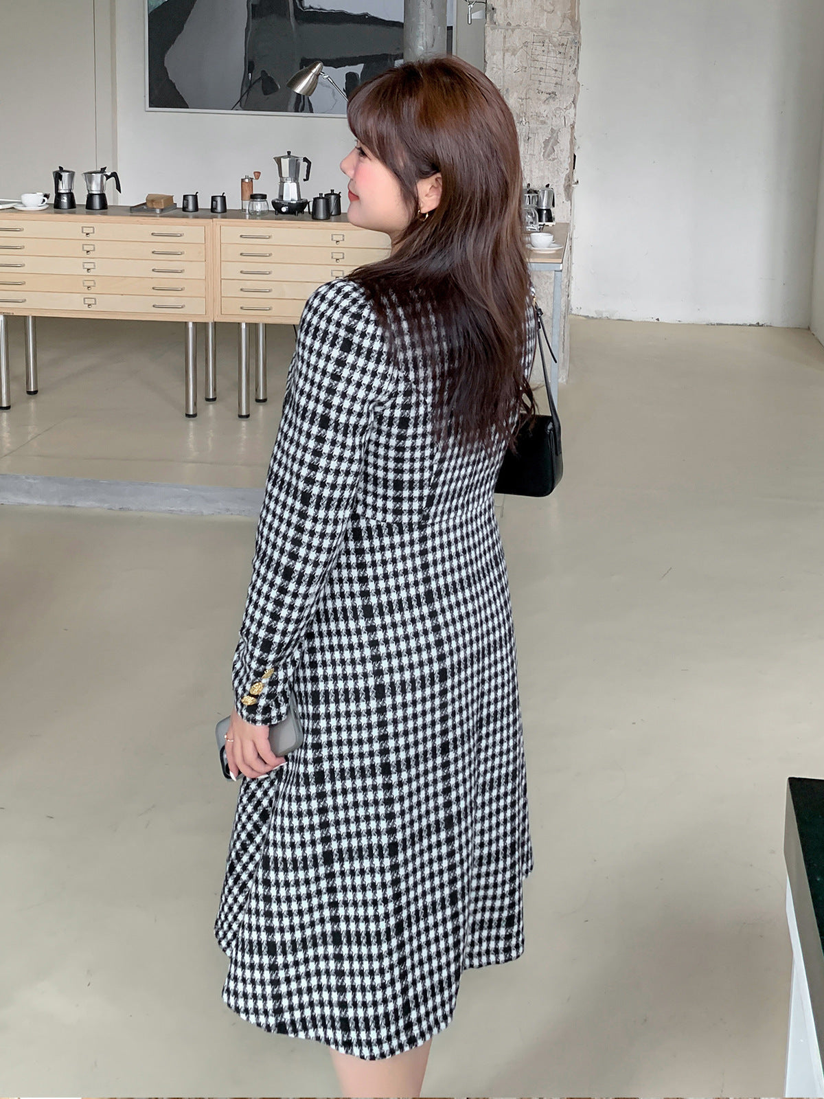 大きいサイズ レディース リボン付き千鳥柄Vネックフェイクウールワンピース LL 3L 4L 5L