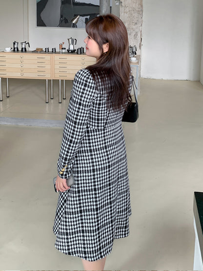 大きいサイズ レディース リボン付き千鳥柄Vネックフェイクウールワンピース LL 3L 4L 5L