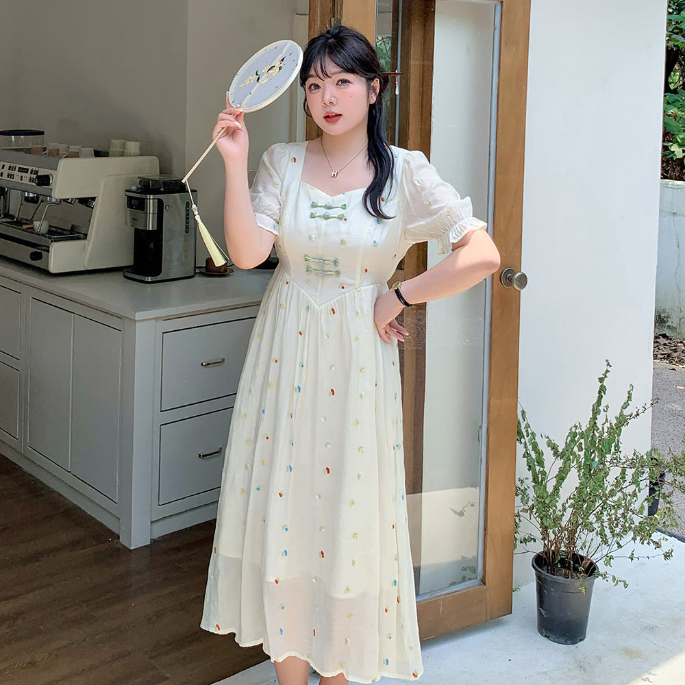 大きいサイズ レディース フレンチスクエアネックのフラワー刺繍ワンピース LL 3L 4L 5L