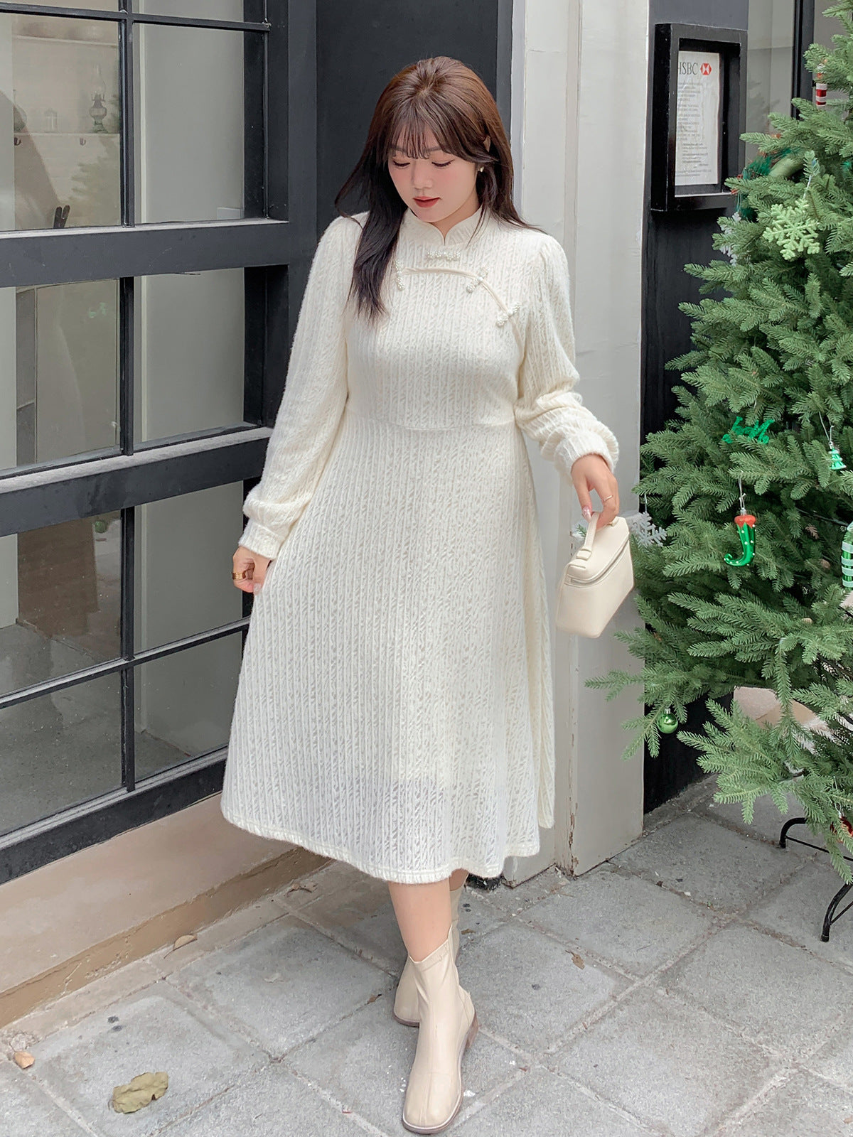 大きいサイズ レディース チャイナ風レトロ花柄ビーズボタンレースワンピース LL 3L 4L 5L