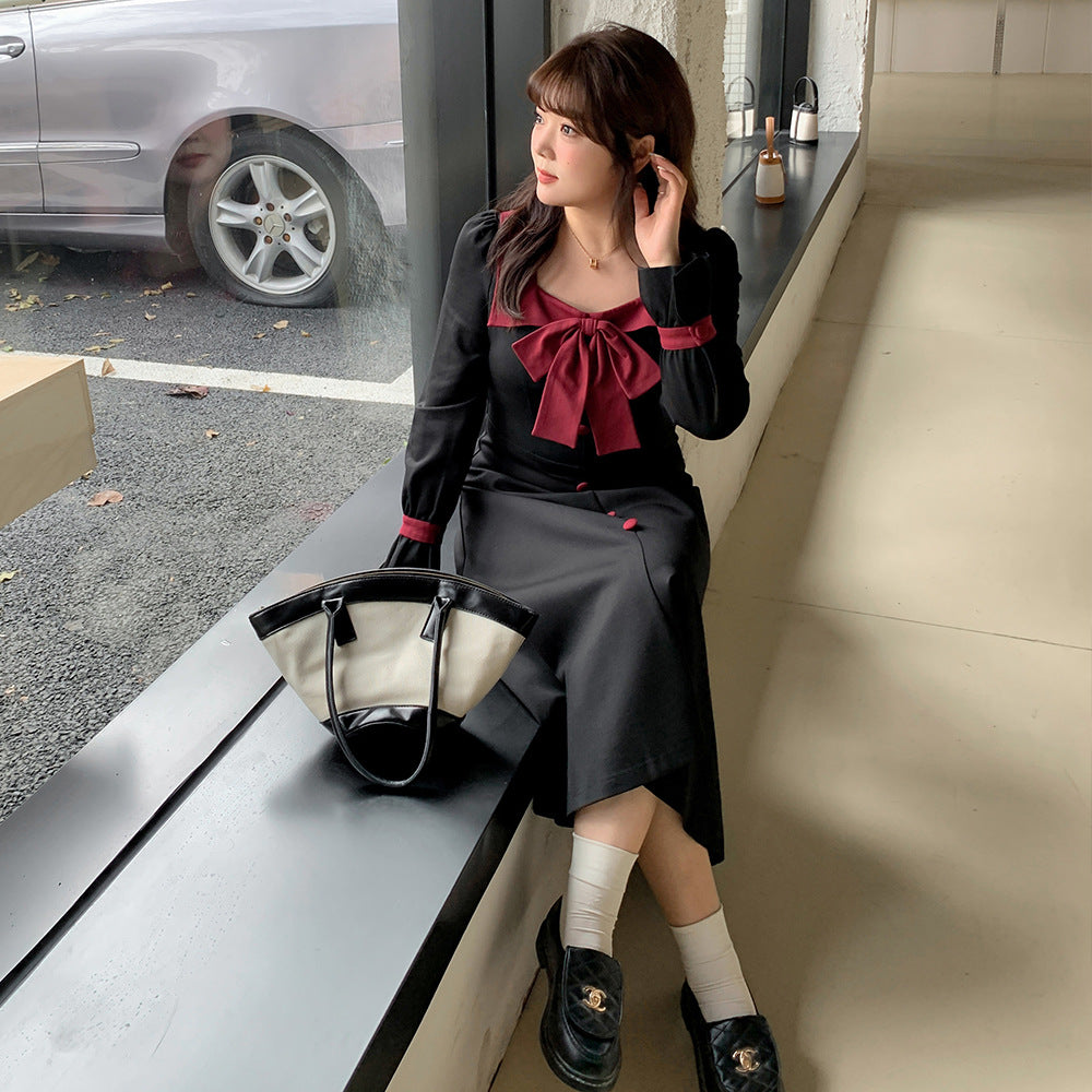大きいサイズ レディース リボン付きコントラストカラーハイウエストレトロワンピース LL 3L 4L 5L
