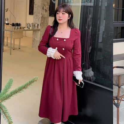 大きいサイズ レディース ダブルブレストのスクエアネックワンピース LL 3L 4L 5L