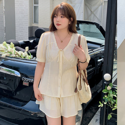 大きいサイズ レディース リボンフレンチセットアップ（トップス+ショートスカートパンツ） LL 3L 4L 5L