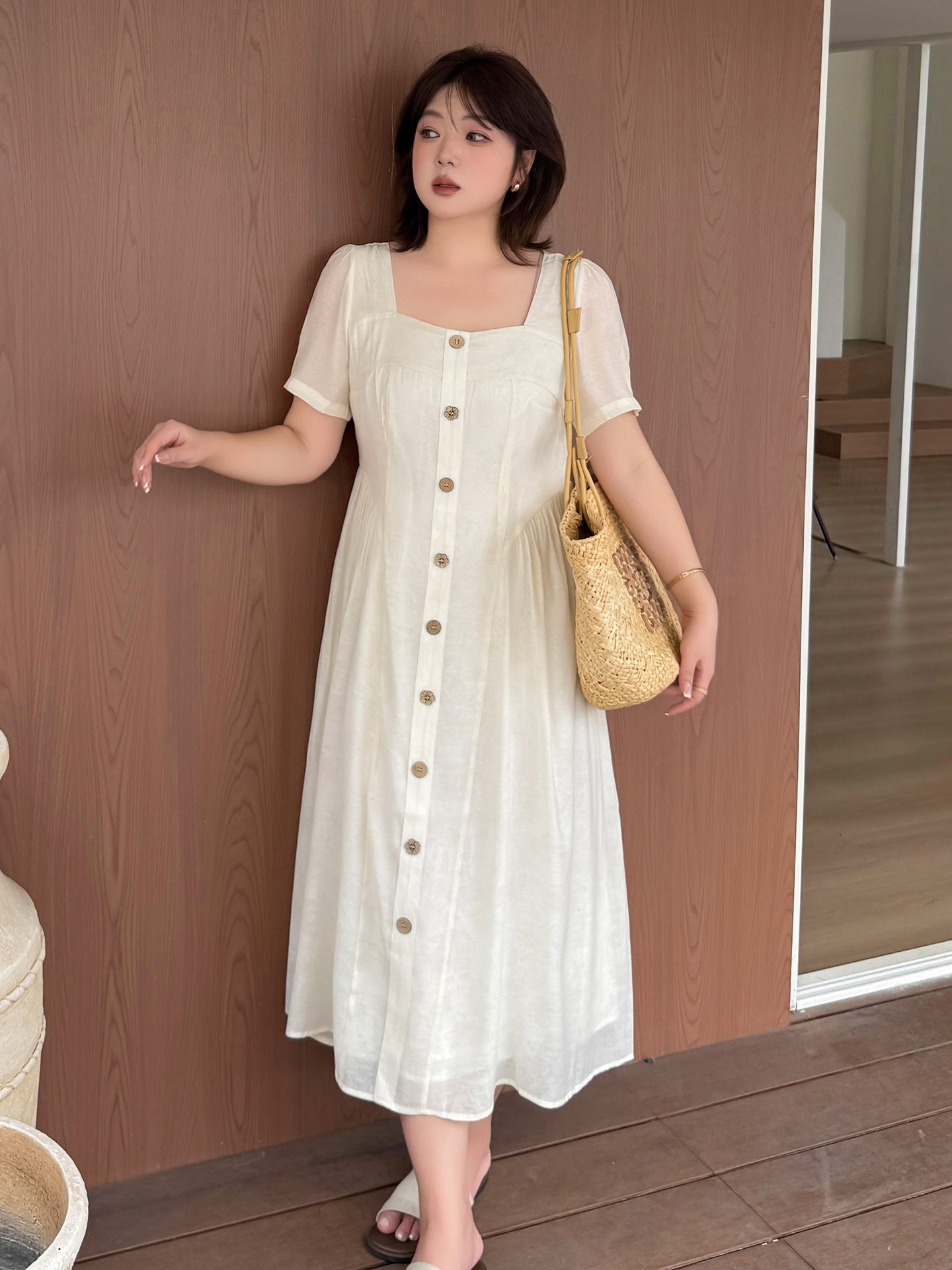 大きいサイズ レディース スクエアネック木目フラワーボタンマキシワンピース LL 3L 4L 5L