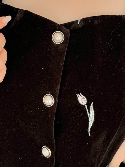 大きいサイズ レディース フレンチスクエアネックチューリップ刺繍ベルベットワンピース LL 3L 4L 5L