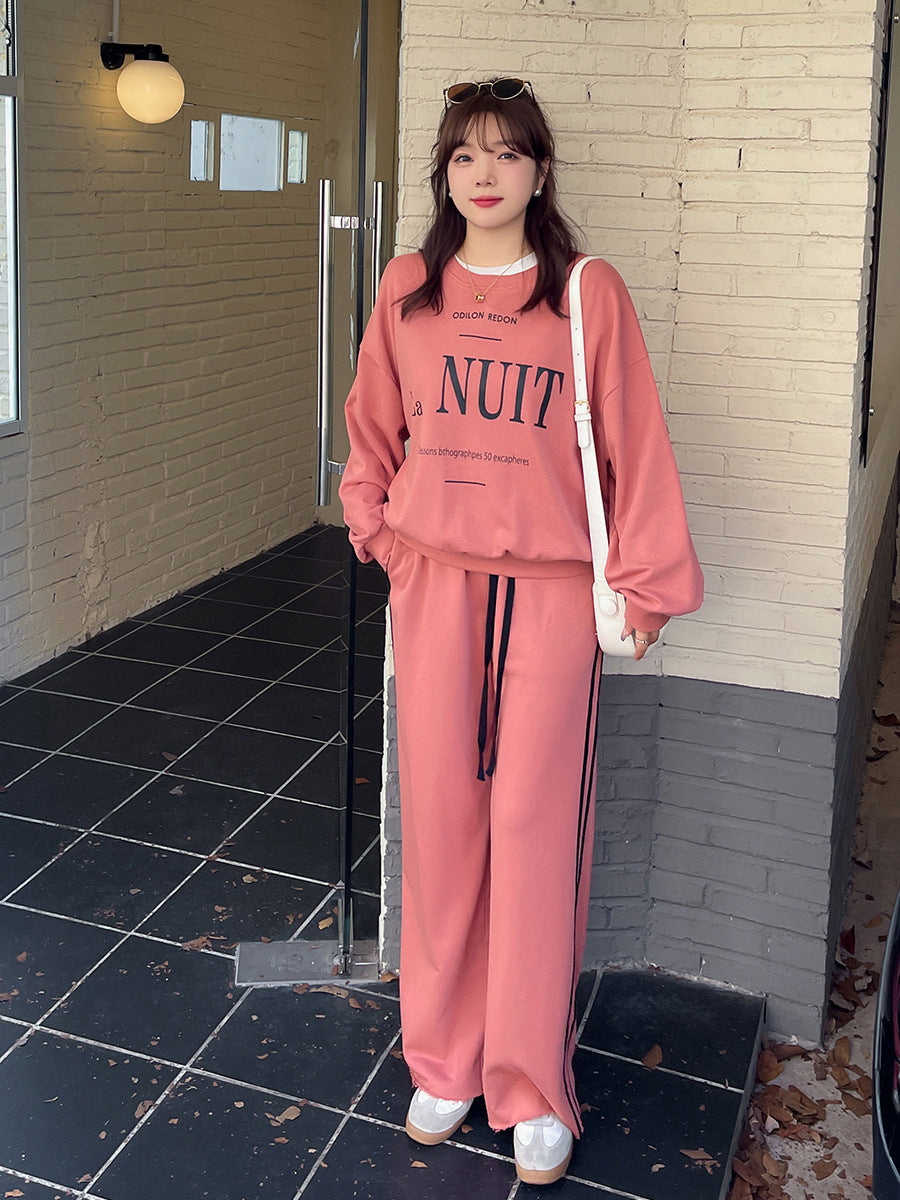 大きいサイズ レディース プリントスウェットシャツ+ワイドパンツセット LL 3L 4L 5L