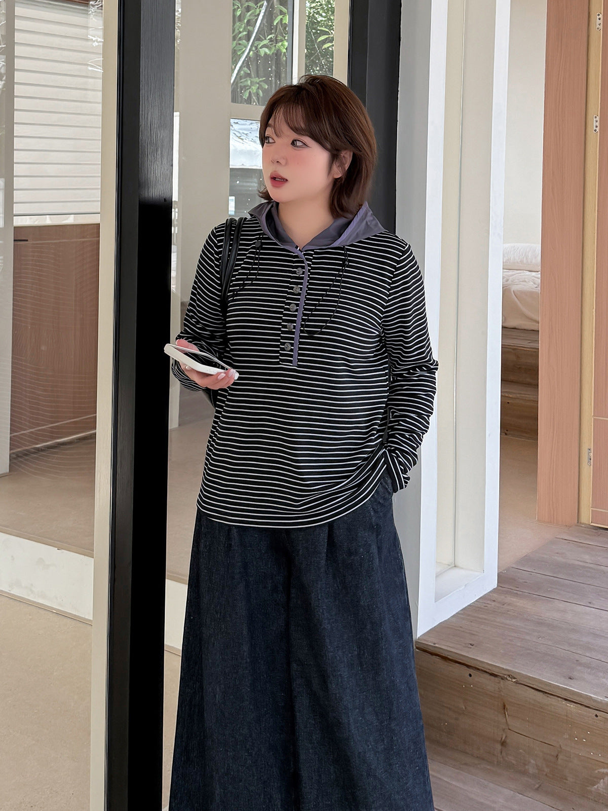 大きいサイズ レディース フード付きストライプ柄ベースレイヤーフリースシャツ LL 3L 4L 5L