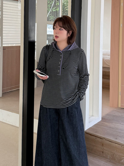 大きいサイズ レディース フード付きストライプ柄ベースレイヤーフリースシャツ LL 3L 4L 5L