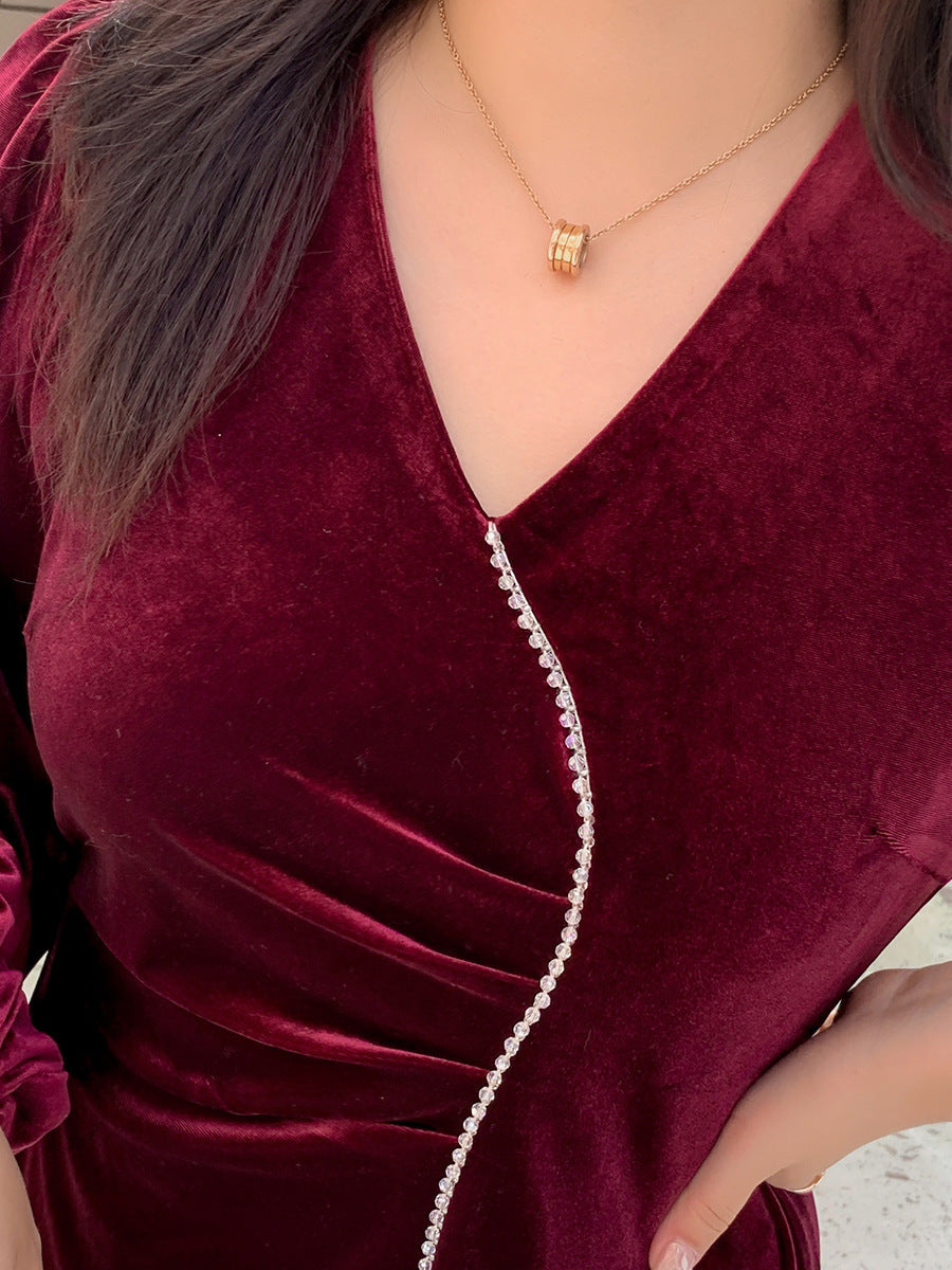 大きいサイズ レディース Vネックラインストーン装飾エレガントベルベットワンピース LL 3L 4L 5L