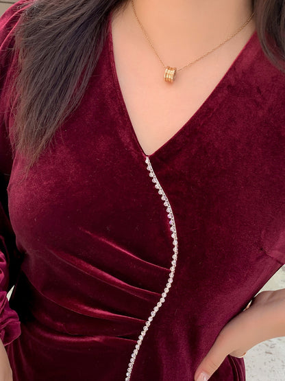 大きいサイズ レディース Vネックラインストーン装飾エレガントベルベットワンピース LL 3L 4L 5L