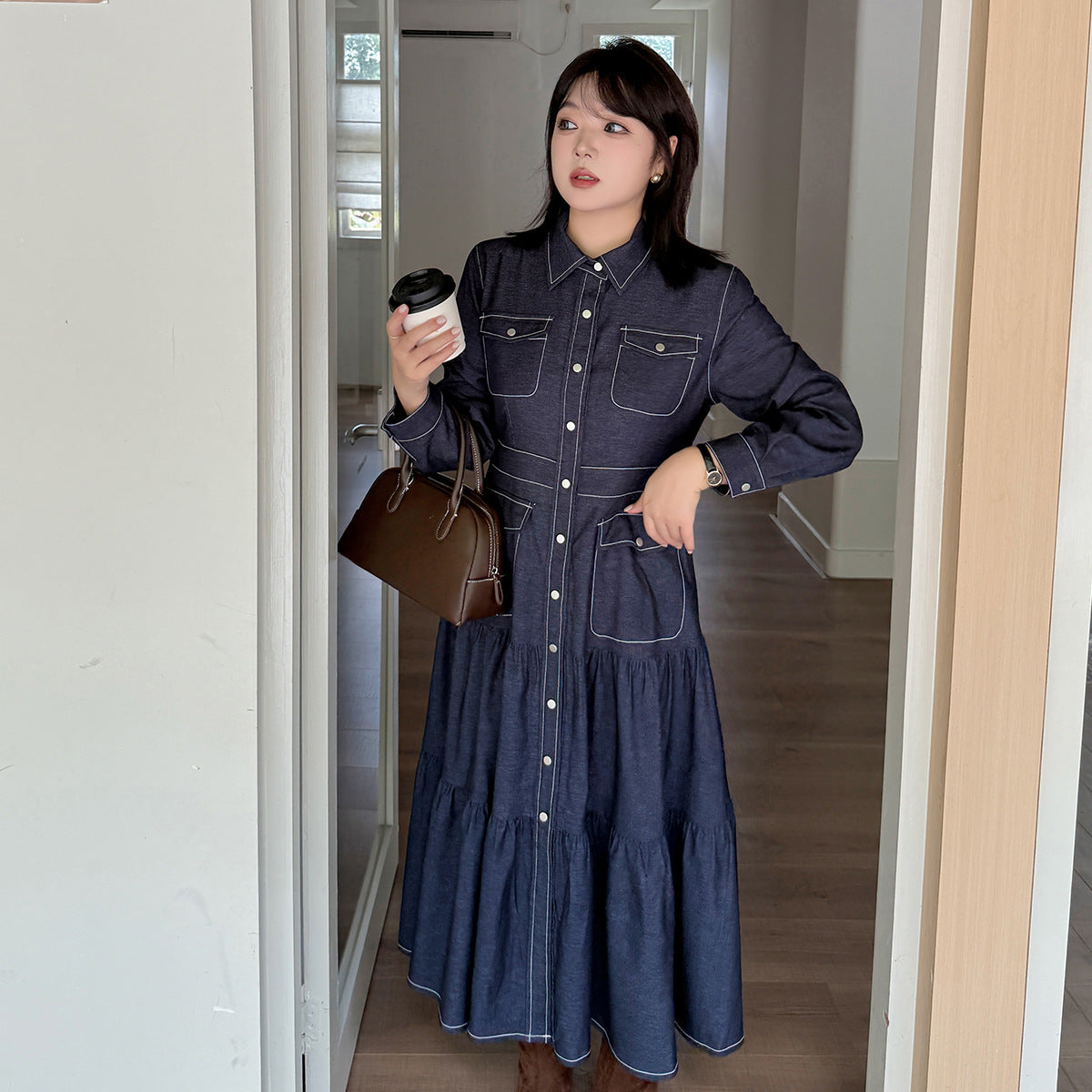 大きいサイズ レディース フリル厚手デニムシャツロングワンピース LL 3L 4L 5L