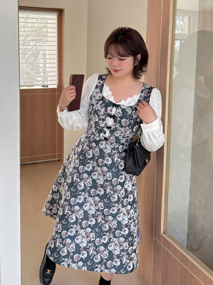 大きいサイズ レディース フレンチレースジャカードパッチワーク花柄ワンピース LL 3L 4L 5L