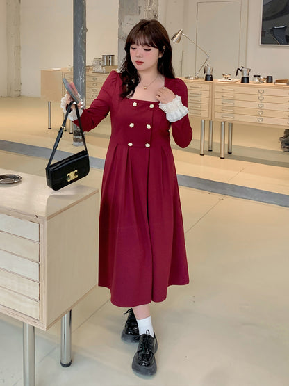 大きいサイズ レディース ダブルブレストのスクエアネックワンピース LL 3L 4L 5L