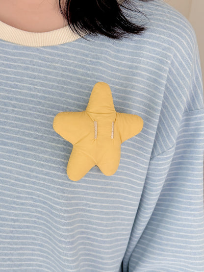 大きいサイズ レディース 星飾り付きラウンドネックニット長袖ストライプTシャツ LL 3L 4L 5L