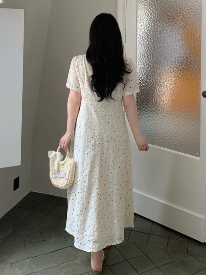 大きいサイズ レディース レースネックドット刺繍フレアワンピース LL 3L 4L 5L 6L