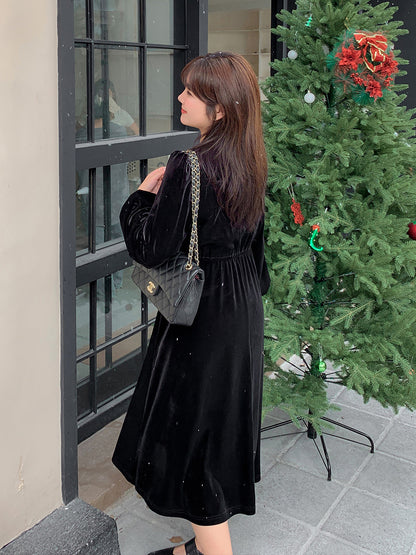 大きいサイズ レディース Vネックラインストーン装飾エレガントベルベットワンピース LL 3L 4L 5L