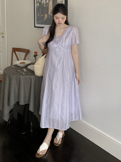 大きいサイズ レディース レースVネックドット刺繍Aラインワンピース LL 3L 4L 5L 6L