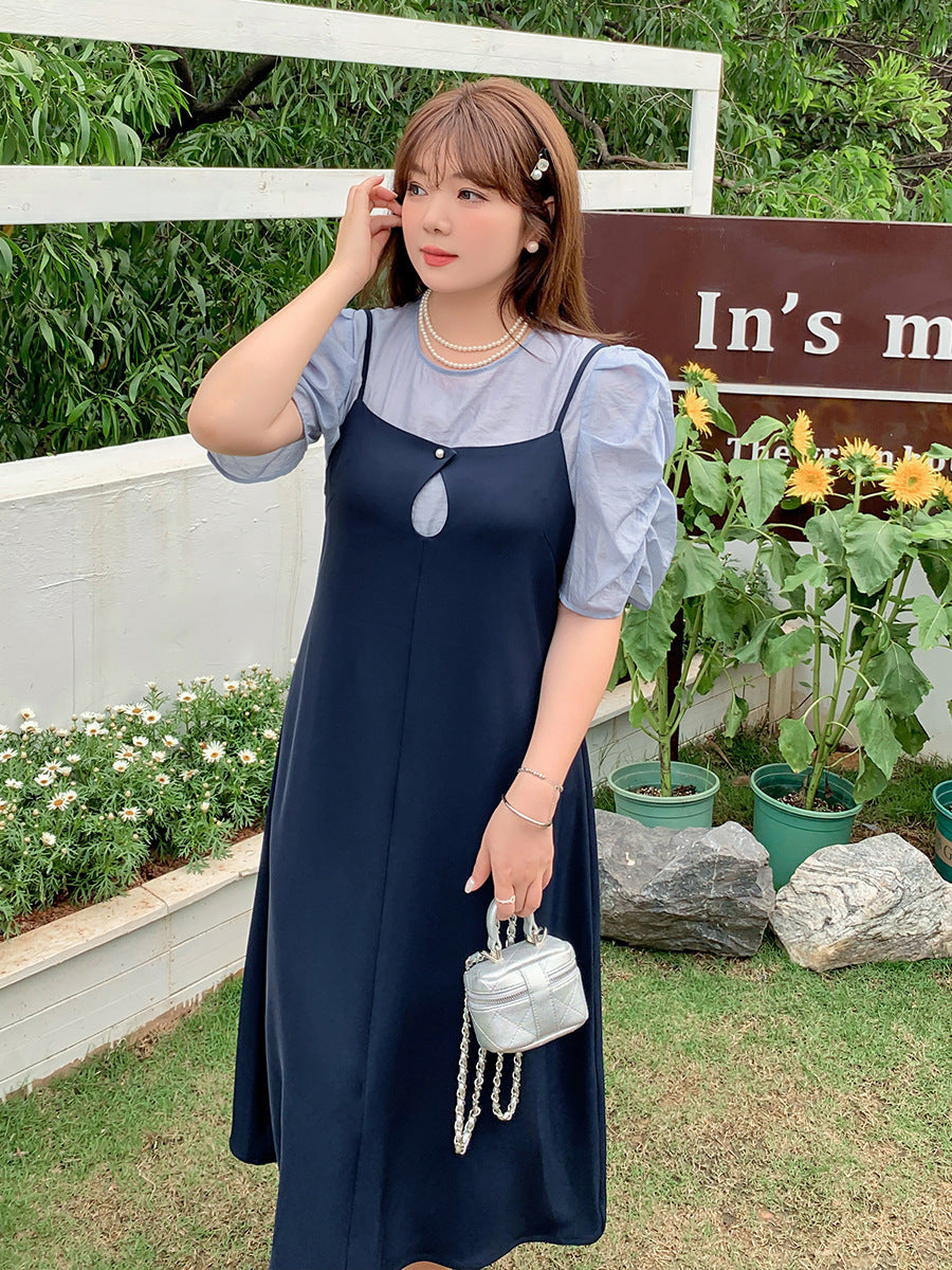 大きいサイズ レディース プリーツパフスリーブブラウス+サスペンダーワンピース LL 3L 4L 5L