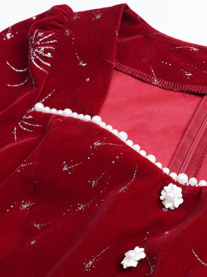 大きいサイズ レディース ビーズ花火柄ベルベットフレンチワンピース LL 3L 4L 5L