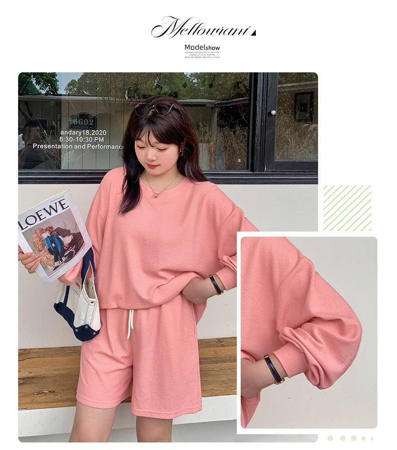 大きいサイズ レディース ゆるカジのスウェットトップス+ハーフパンツセット LL 3L 4L 5L