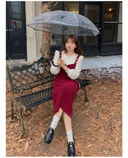 大きいサイズ レディース コーデュロイのレトロワンピース+フリルパフスリーブブラウス LL 3L 4L 5L