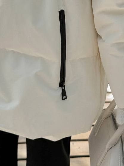 大きいサイズ レディース フード付きロゴ刺繍ワッペンミドル丈ダックダウンジャケット LL 3L