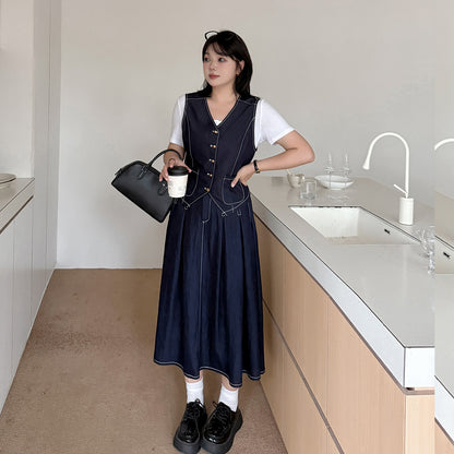 大きいサイズ レディース ネイビーブルーデニムツーピース（ベスト＋スカート） LL 3L 4L 5L