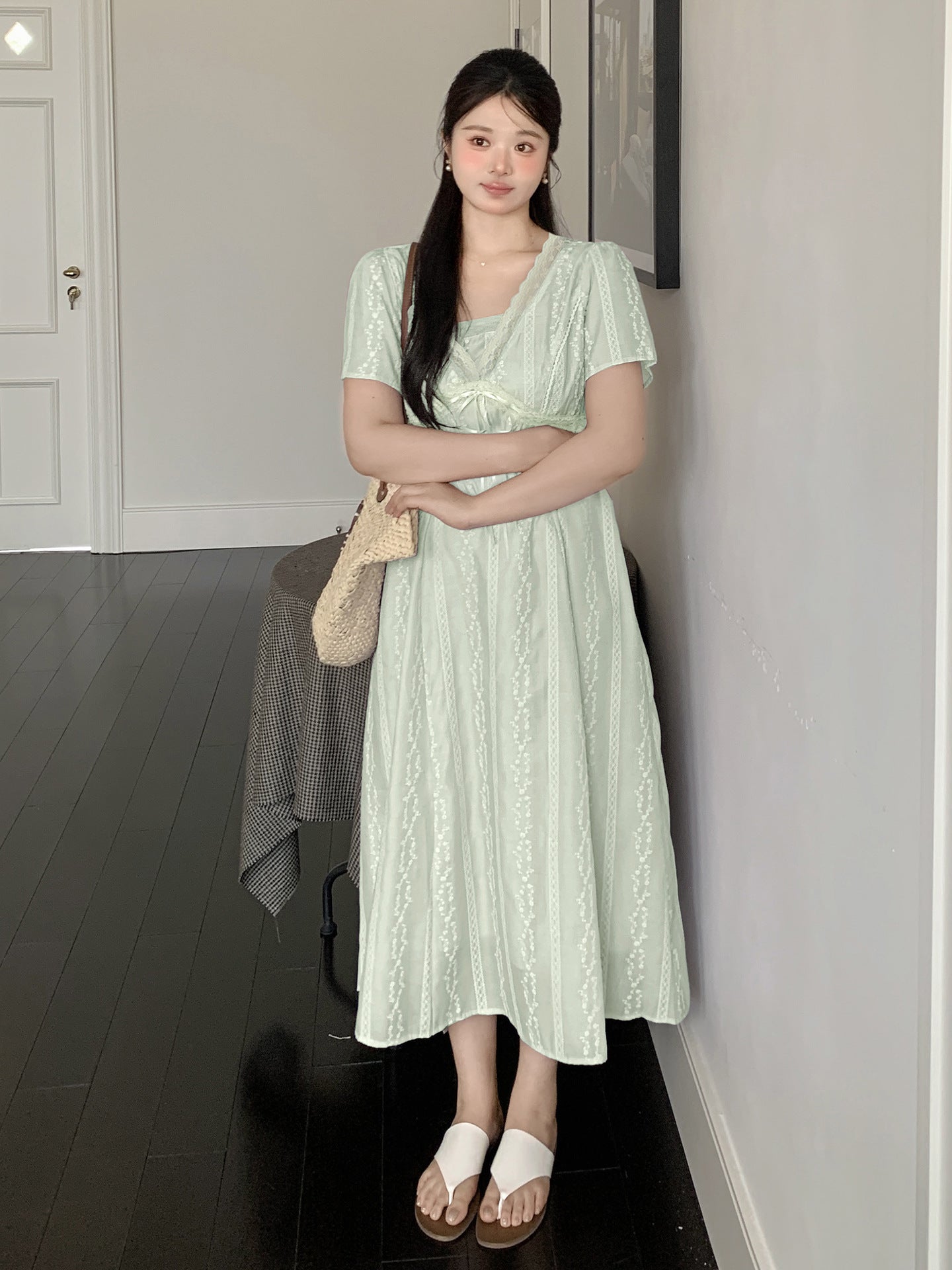 大きいサイズ レディース レースVネックドット刺繍Aラインワンピース LL 3L 4L 5L 6L