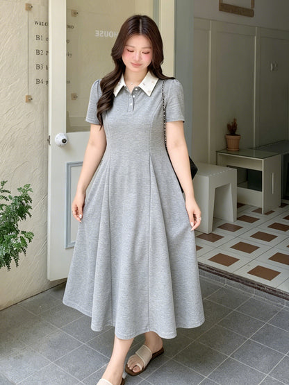 大きいサイズ レディース ビジュー襟ポロデザインフレアワンピース LL 3L 4L 5L 6L