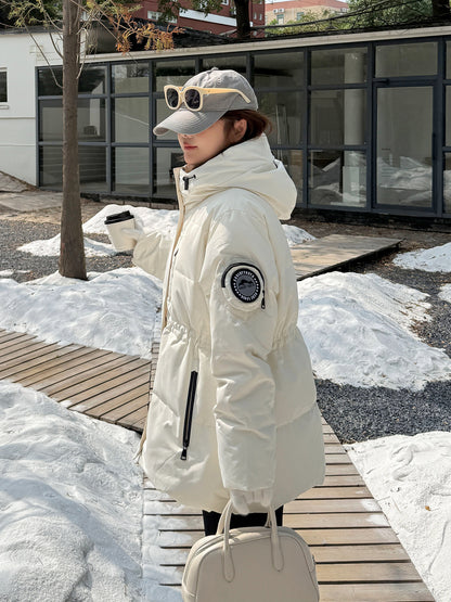 大きいサイズ レディース フード付きロゴ刺繍ワッペンミドル丈ダックダウンジャケット LL 3L