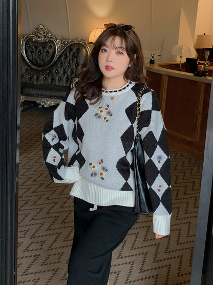 大きいサイズ レディース ラウンドネックレトロ小花ダイヤ柄プルオーバーセーター LL 3L 4L