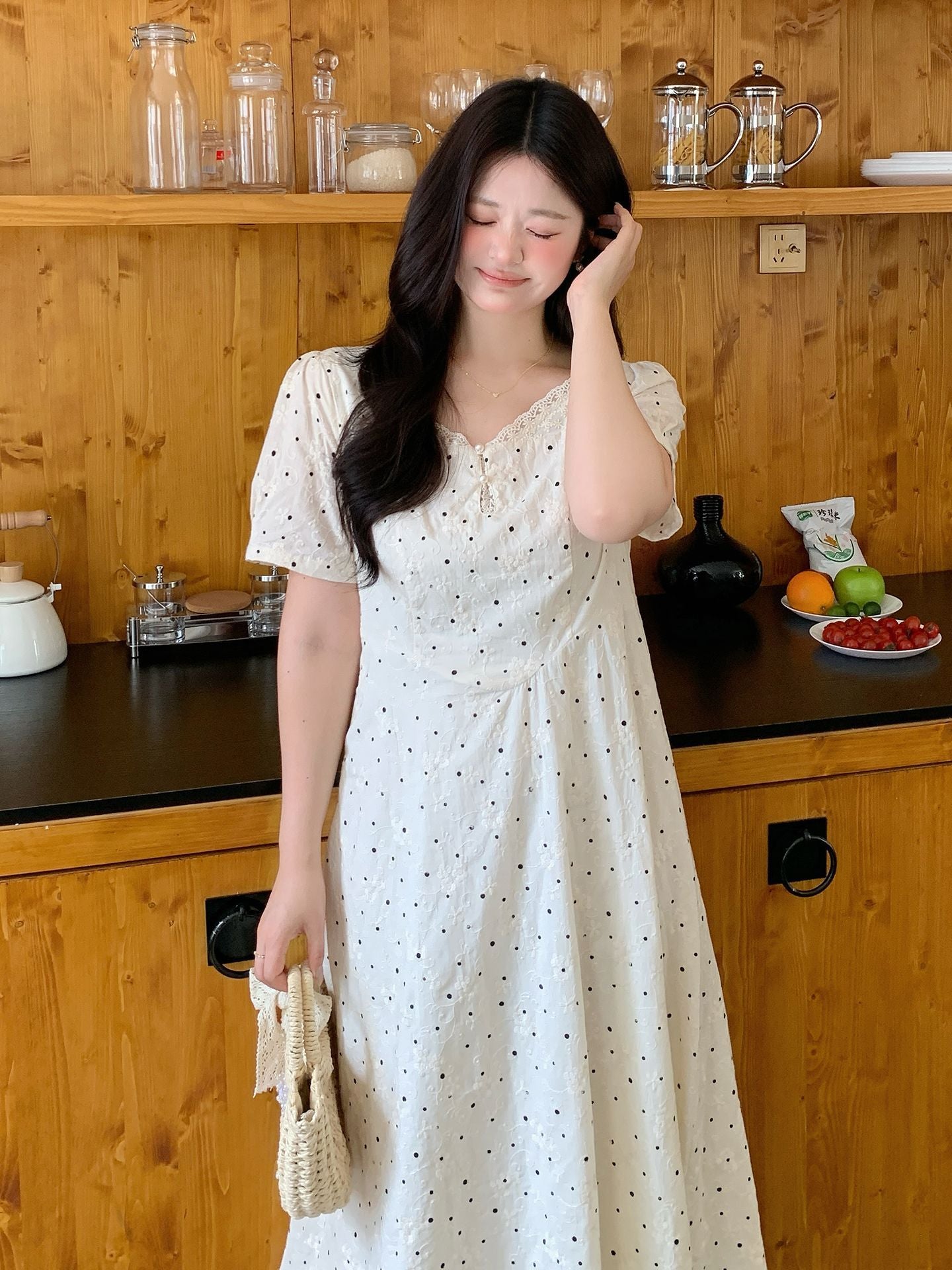 大きいサイズ レディース レースネックドット刺繍フレアワンピース LL 3L 4L 5L 6L