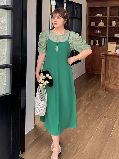 大きいサイズ レディース プリーツパフスリーブブラウス+サスペンダーワンピース LL 3L 4L 5L