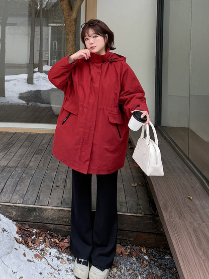 大きいサイズ レディース フード付きウエスト絞りキルティング中綿ジャケット 3L 4L 5L