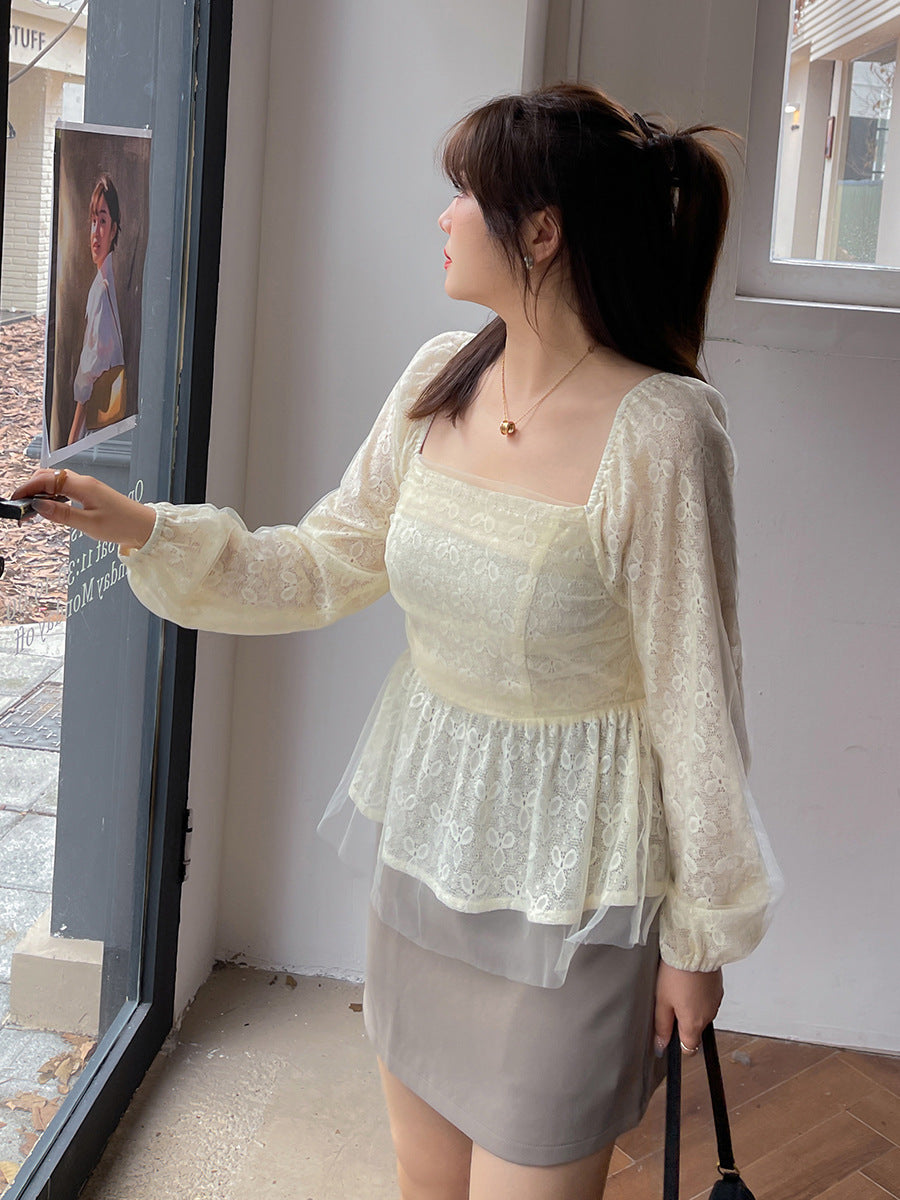 大きいサイズ レディース スクエアネックのペプラムレースブラウス LL 3L 4L 5L