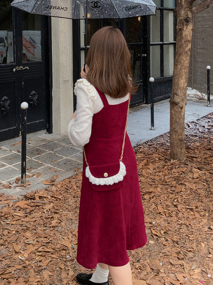 大きいサイズ レディース コーデュロイのレトロワンピース+フリルパフスリーブブラウス LL 3L 4L 5L