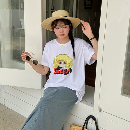 大きいサイズ レディース カートゥーンプリントルーズウエイト半袖Tシャツ LL 3L 4L 5L