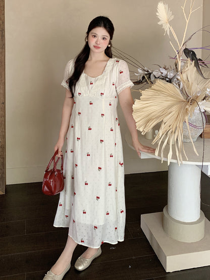 大きいサイズ レディース チェリー刺繍レースネックフレアワンピース LL 3L 4L 5L 6L