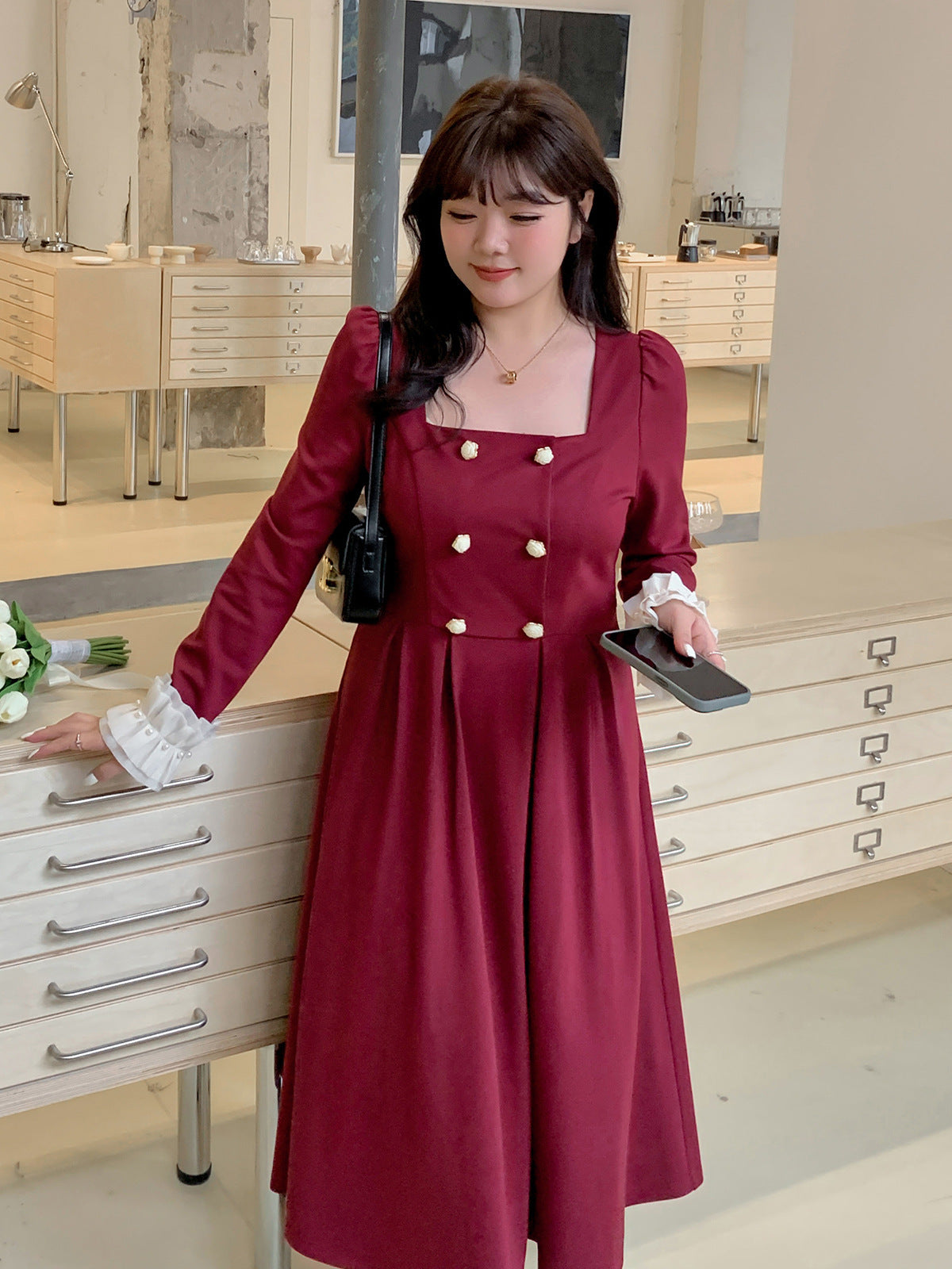 大きいサイズ レディース ダブルブレストのスクエアネックワンピース LL 3L 4L 5L